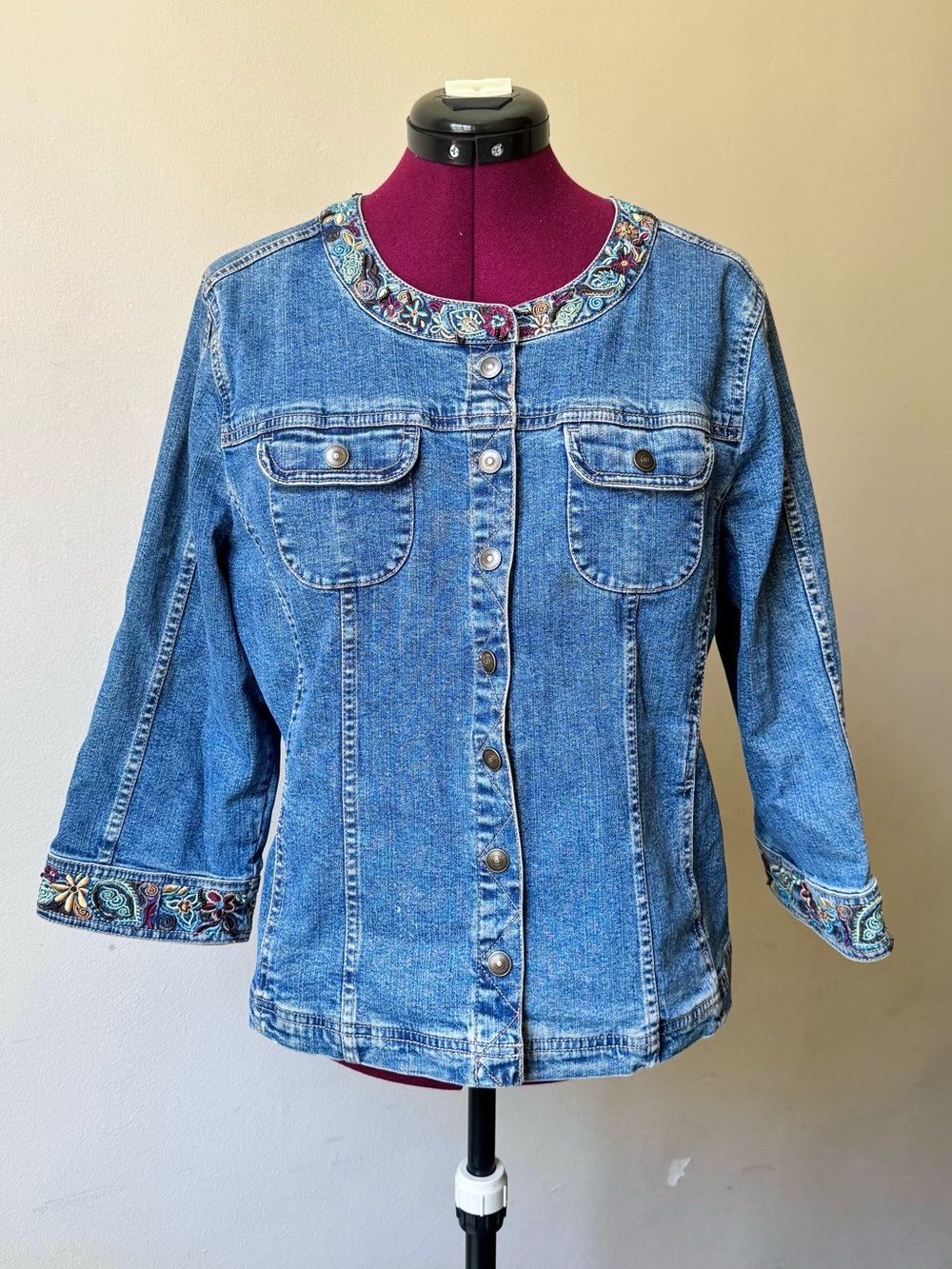 Christopher & Banks Embroidered  Beaded Floral Trim Blue Denim Jacket